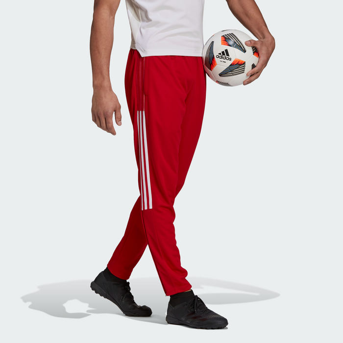 Red and white adidas top soccer pants