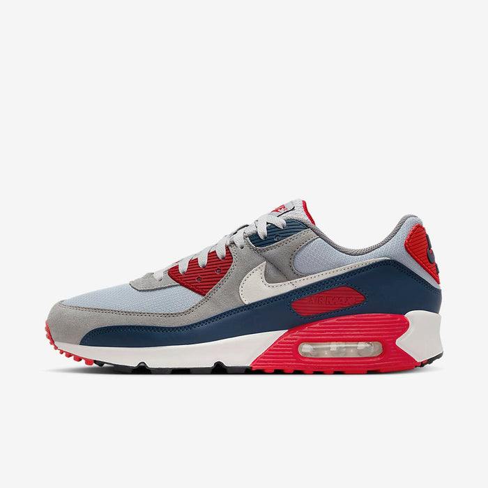 Nike Men's Air Max 90 Shoes - Light Smoke Grey / Armory Navy / Fire Red / Phantom