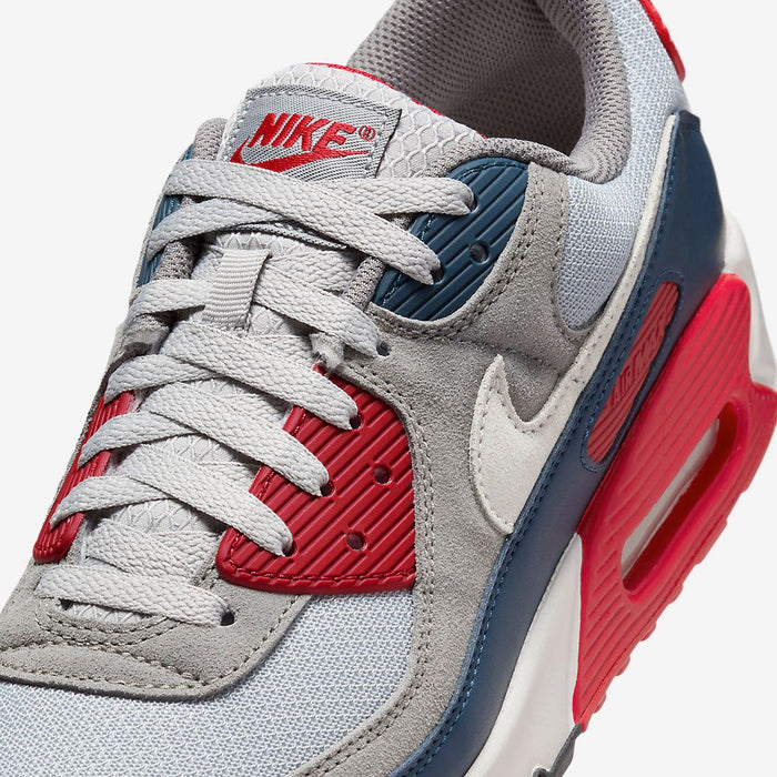 Nike Men's Air Max 90 Shoes - Light Smoke Grey / Armory Navy / Fire Red / Phantom