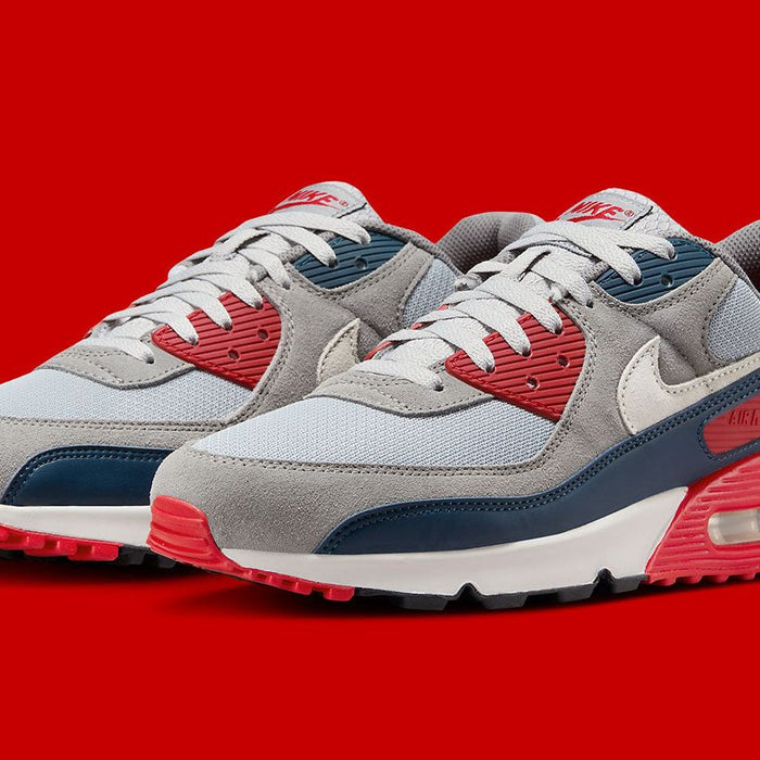 Nike Men's Air Max 90 Shoes - Light Smoke Grey / Armory Navy / Fire Red / Phantom